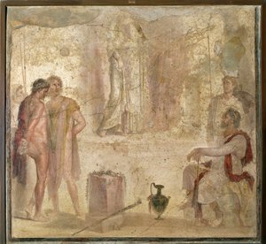 Olaszország, Campania, Pompei, Arany Ámorok Háza, Oresztes és Pylades Iphigenia előtt, freskó alkotó: Roman Roman