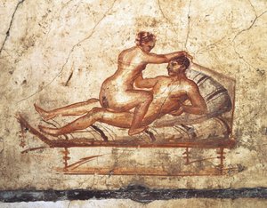 Olaszország, Campania régió, Nápoly tartomány, Pompei, Vettii ház, Erotikus freskó alkotó: Roman Roman