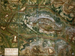 Modell, amely az ie 52. szeptemberi alesia ostromot és csatát reprodukálja Jules Cesartól, aki látta Vercingetorix vereségét. Skála 1/1000. Róma, Museo della Civilta Romana alkotó: Roman Roman