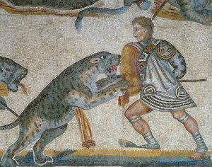Mozaik egy vadvadászat jelenetével, egy vadállatot megölő gladiátor részlete alkotó: Roman Roman