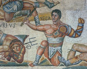 A harcoló gladiátorok jelenetét bemutató mozaik, egy diadalmas gladiátor részlete alkotó: Roman Roman