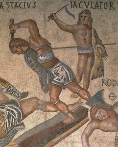 Mozaik harcoló gladiátorok jelenetével, egy páncélba öltözött gladiátor részletével alkotó: Roman Roman