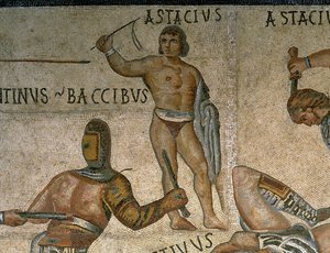Mozaik harcoló gladiátorok jelenetével, egy páncélba öltözött gladiátor részletével alkotó: Roman Roman