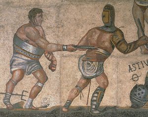 Mozaik harcoló gladiátorok jelenetével, egy páncélba öltözött gladiátor részletével alkotó: Roman Roman