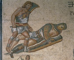 Mozaik harcoló gladiátorok jelenetével, egy páncélba öltözött gladiátor részletével alkotó: Roman Roman