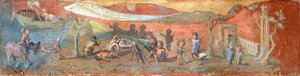 Gipszre festett festmény, amely egy Nílus menti jelenetet ábrázol pigmeusokkal, 56x217 cm, Pompeiiből (UNESCO Világörökségi Lista) alkotó: Roman Roman