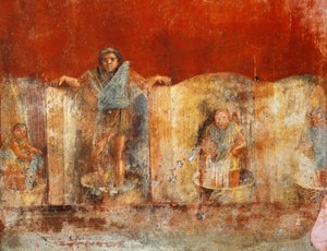 Gyapjúgyártást ábrázoló oszlopfreskó Pompeiből, Veranio Ipseo Fullonica alkotó: Roman Roman