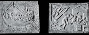 Kereskedelmi hajót ábrázoló dombormű (Museo Nazionale, Róma) és dombormű, amely egy hajó kirakodását ábrázolja (Museo Torlonia, Róma) 3. vagy 4. század (kő) (f/w fotó) alkotó: Roman Roman