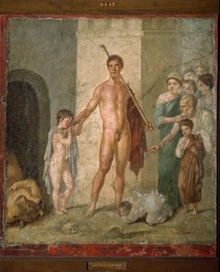 Thesee, a görög mitológia hőseinek ábrázolása, aki a minotaurusz diadala után kiszabadítja a hét fiatal férfit a labirintusból. Freskó a Pompei-i Villa de Gavius Rufusból. Homályos. 88x97 cm Nápolyi Régészeti Múzeum - Római művészet: ábrázolás o alkotó: Roman Roman