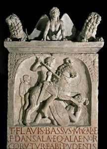 Római művészet: Flavius Bassus Herculanus arisztokrata és római politikus temetkezési sztéléje (449-452 körül ismert) Kr.u. V. század. Róma, Museo della Civilta Romana alkotó: Roman Roman