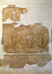 Római művészet: Beavatás Dionüszosz misztériumaihoz: Dionüszoszi rituálék ünneplése. Alacsony dombormű a Villa Farnesina környékéről. Róma, Nemzeti Római Múzeum (terme) alkotó: Roman Roman