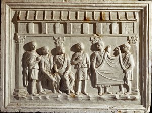 Római művészet: szövetet és kárpitokat ábrázoló alacsony domborműves forma. 2. századi eredetiből. Rome Museo della Civilta Romana alkotó: Roman Roman