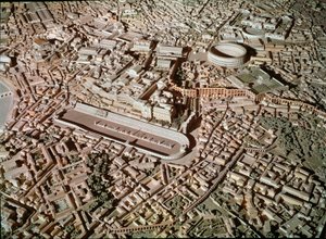 Római művészet: Róma városát az ókor alatt ábrázoló modell. A központban a Circus Maximus vagy a Grand Circus tartalékok tankversenyekre. Róma, Museo della Civilta romana – római művészet. Circus Maximus és etruszk falak. Részlet a rekonstrukciós modellből
