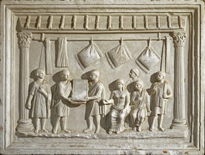 Római művészet: szövetet ábrázoló forma és kárpitok. 2. századi eredetiből (alacsony dombormű) alkotó: Roman Roman