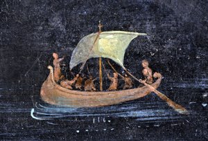 Római művészet: folyami jelenet - csónak és tengerészek a folyón (folyón) - Pompei freskó töredéke a Nápolyi Régészeti Múzeumban, Olaszország - Museo Archeologico Nazionale, Napoli, Italia - Photo Patrice Cartier - alkotó: Roman Roman