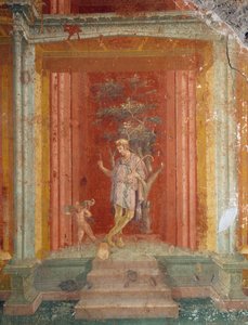 Színházi jelenet, freskó (IV. stílus) piros háttéren a Pinarius Cerialis házból, Pompeiiből (az Unesco világörökségi listája)