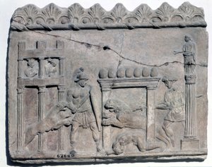 Vadászat az arénában. Alsó dombormű a római epotról.Museo Nazionale Romano alkotó: Roman Roman