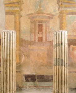 Falfestés második pompei stílusban, a Labirintus házából, Pompeiiből, Campaniából, római civilizáció alkotó: Roman Roman