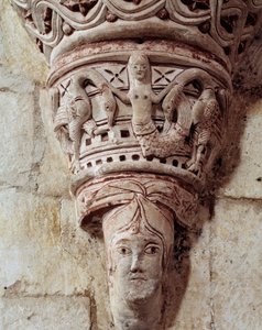 Sellő, a szentély faragott fővárosa alkotó: Romanesque