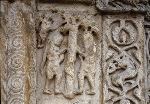 Ádám és Éva. Részlet a bazilikán homlokzatáról, 12. század eleje (dombormű) alkotó: Romanesque
