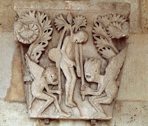 Júdás felakasztása (faragott tőke) alkotó: Romanesque