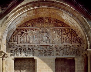 Román művészet: Az utolsó ítéletet ábrázoló Tympan, jobbra a Krisztus-paradicsom, balra a pokol káoszát. Szobra (1130-1140) a Sainte Foy (Sainte-Foy) apátsági templomról Conques-ban (Aveyron), Franciaország.