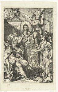 Allegorikus homlokzat III. Vilmos portréjával Voyage de sa Majeste Britannique en Hollande (cím a tárgyon) alkotó: Romeyn de Hooghe