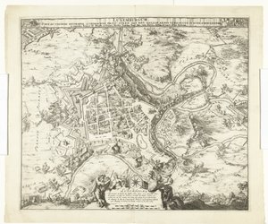 Bombardment van Luxemburg door de maarschalk de Créquy, 1684 Luxemburg, vezet. vezetéknév világváros chimacens herceg stren def. reg. De Gallia karjai megszállták. június 4 Ao. 8834 (cím az objektumon) alkotó: Romeyn de Hooghe
