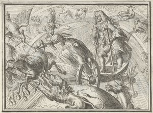 Karikatúra, amely XIV. Lajost Apollónként ábrázolja a szekerén, 1701