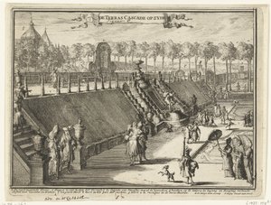 Kilátás (oldalról) egy teraszos vízesésre a Paleis Het Loo parkjában A Terrace Cascade oldalán (cím az objektumon) Kilátás a Paleis Het Loora, a kapcsolódó épületekre és a kapcsolódó parkra (sorozat címe) alkotó: Romeyn de Hooghe