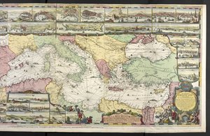 A Földközi-tenger térképe allegorikus alakokkal és a betéteket díszítő tengeri szörnyekkel, Charles Pene és Pieter Mortier „The French Neptune and Atlas Maritime and Suite du Neptune François” című művéből