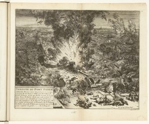 A pármai hajóhíd felrobbantása a Scheldt felett, 1585 Deroute du Pont Farnese (cím a tárgyon) Guerres de Flandres (sorozat címe) alkotó: Romeyn de Hooghe