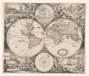 Világtérkép egy allegóriával a négy elemről Nova totius terrarum orbis tabula (cím a tárgyon)
