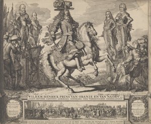 III. Vilmos, mint Orange hercege, a négy előtti Stadthouderrel, I. Vilmossal, Maurice-szal,..., n.d. alkotó: Romeyn de Hooghe
