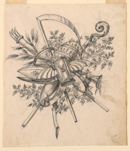 Rajz, Trófea szárnyas homokórával, 1830-1850 alkotó: Romolo Achille Liverani