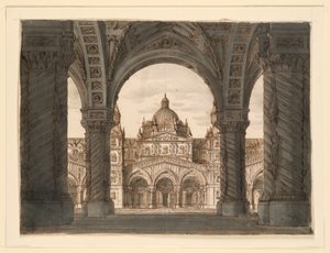 Színpadterv, Templomhomlokzat egy loggiából, Felice Romani Valdomiri-t, Pietro de Winter zenéjét. Előadták a milánói La Scalában 1818-ban alkotó: Romolo Achille Liverani