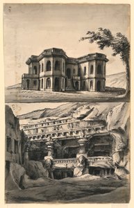 Színpadi tervek, kastély a tájban és templomok és barlangok alkotó: Romolo Achille Liverani