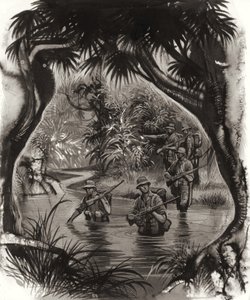 ANZAC csapatok átkelése egy dzsungelfolyón egy második világháborús őrjárat során (gouache, papír) alkotó: Ron Embleton