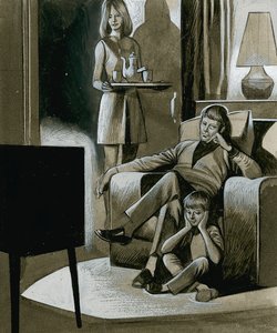 Fekete-fehér televíziót néző család az 1960-as években alkotó: Ron Embleton