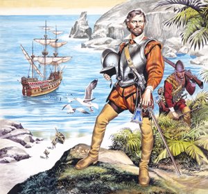 Francis Drake és az Arany Hind (gouache, papír) alkotó: Ron Embleton