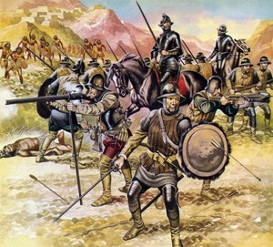 Mexikó, a spanyolok expedíciót indítanak, hogy megtalálják az északon fekvő arany várost (színes litográfia)
