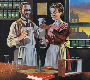 Pierre és Marie Curie a párizsi laboratóriumukban (színes litográfia)
