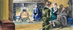 A zarándok atyák félig épített házakban alkotó: Ron Embleton
