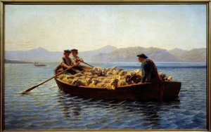 A legeltetés megváltoztatása. A pásztorok beszálltak a juhnyájba, hogy átvigyék őket a túlsó partra. Rosa Bonheur (1822-1899) festménye alkotó: Rosa Bonheur