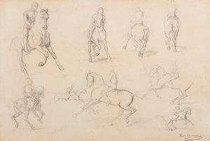 Tanulmányok egy lóról és a lovasról (grafit fehér szőtt papíron) alkotó: Rosa Bonheur