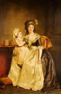 Egy hölgy portréja, teljes hosszában egy asztal mellett ül a lányával, kezében virágpóznával alkotó: Rose Adelaide Ducreux