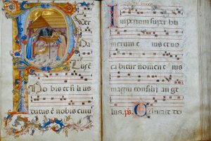 A Santo Stefano székesegyházban kiállított "D" kóruskönyv: a születést ábrázoló, 1429-35 körüli historizáló iniciálé.