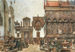 A velencei Santa Maria Gloriosa dei Frari bazilika belseje a kórusban imádkozókkal. alkotó: Rudolf von Alt