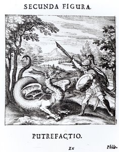 Egy lovag, aki legyőzi a sárkány által megtestesített „Rot”-ot, Basil Valentine „Musaeum Hermeticum Reformatum” című művéből, 1678 alkotó: Russian School
