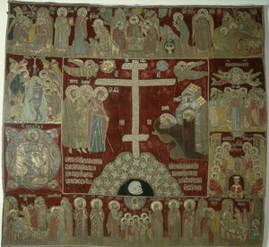 A Szűz megjelenése Szent Sergiusnak, 1525 (arany-, ezüst- és selyemszál, gyöngyökkel és rubinokkal, arany veretekben) alkotó: Russian School
